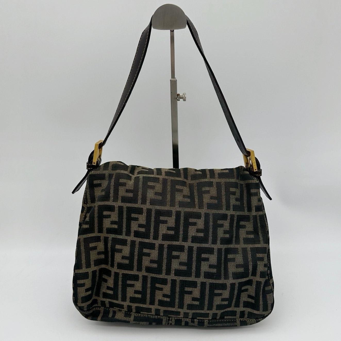 Fendi Zucca Canvas Large Baguette Shoulder Bag with Gold FF Buckle [Vintage / Used]