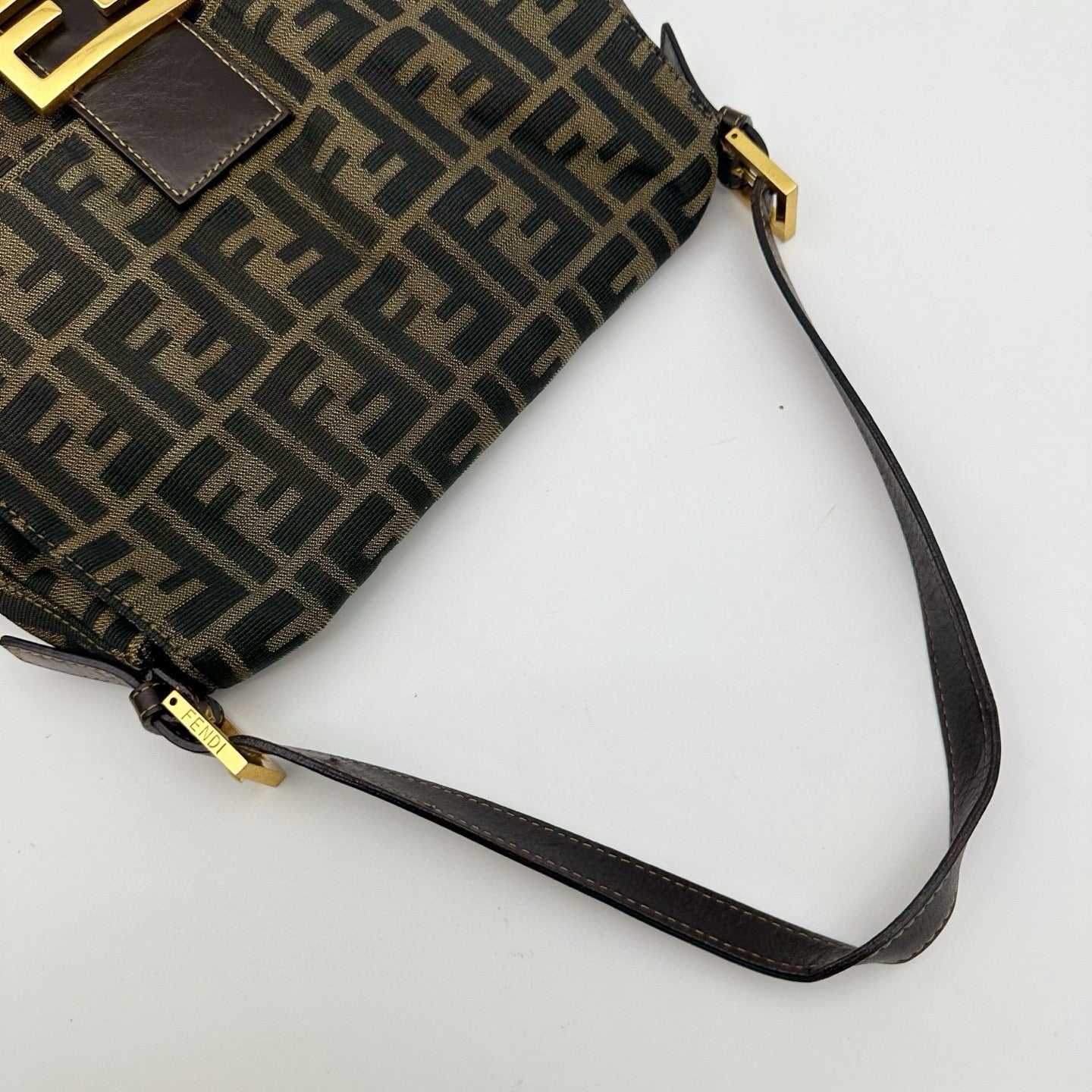 Fendi Zucca Canvas Large Baguette Shoulder Bag with Gold FF Buckle [Vintage / Used]