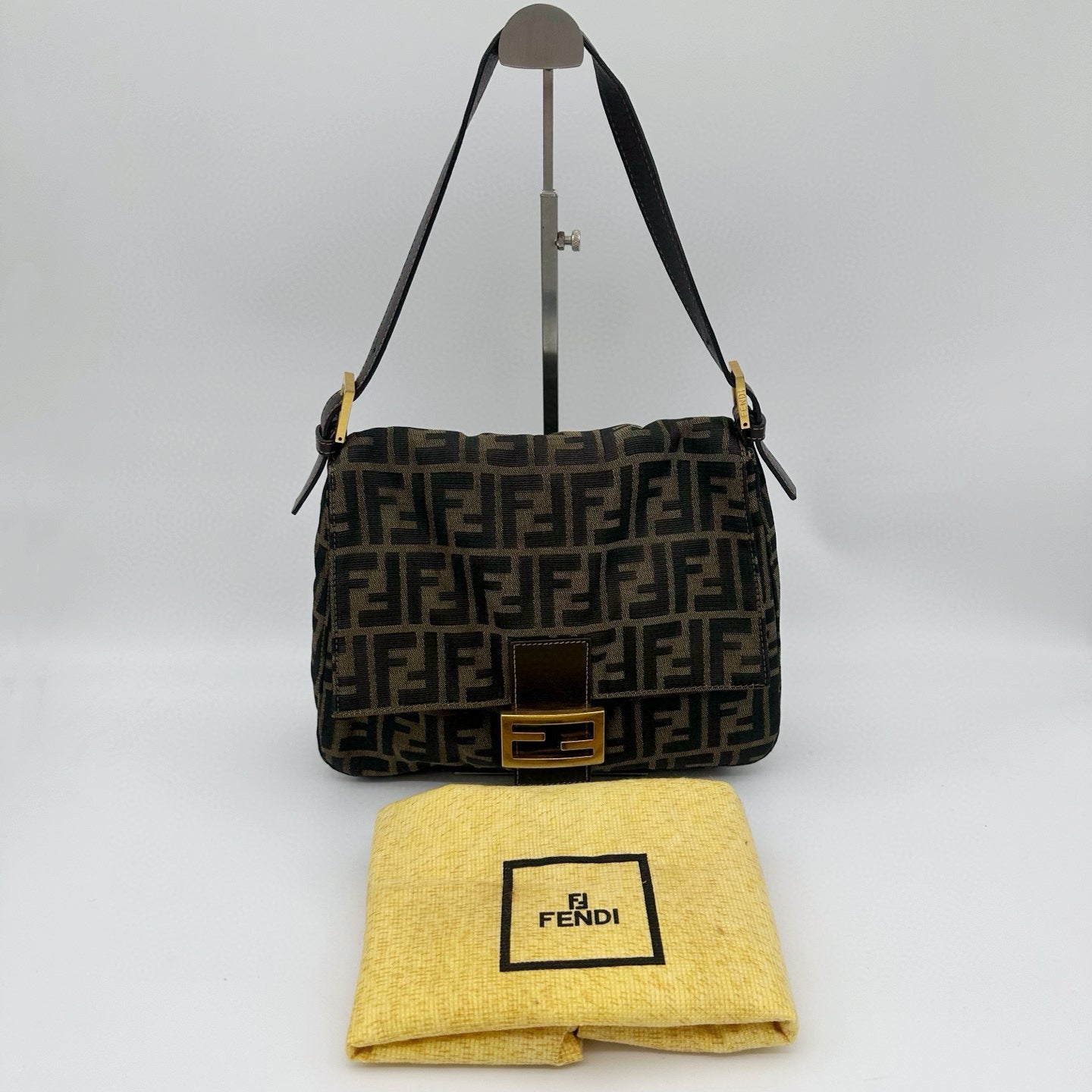 Fendi Zucca Canvas Large Baguette Shoulder Bag with Gold FF Buckle [Vintage / Used]
