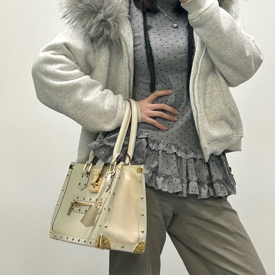 Louis Vuitton White Suhali Leather Studded Handbag with Gold Hardware [Used]