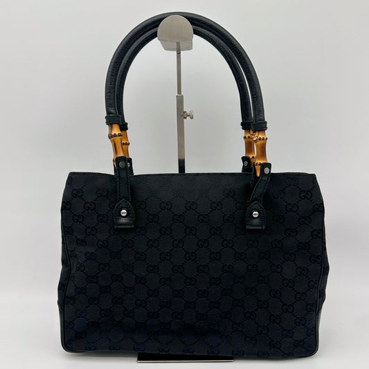 Gucci Black GG Canvas Bamboo Handle Tote Bag with Leather Trim [Used]