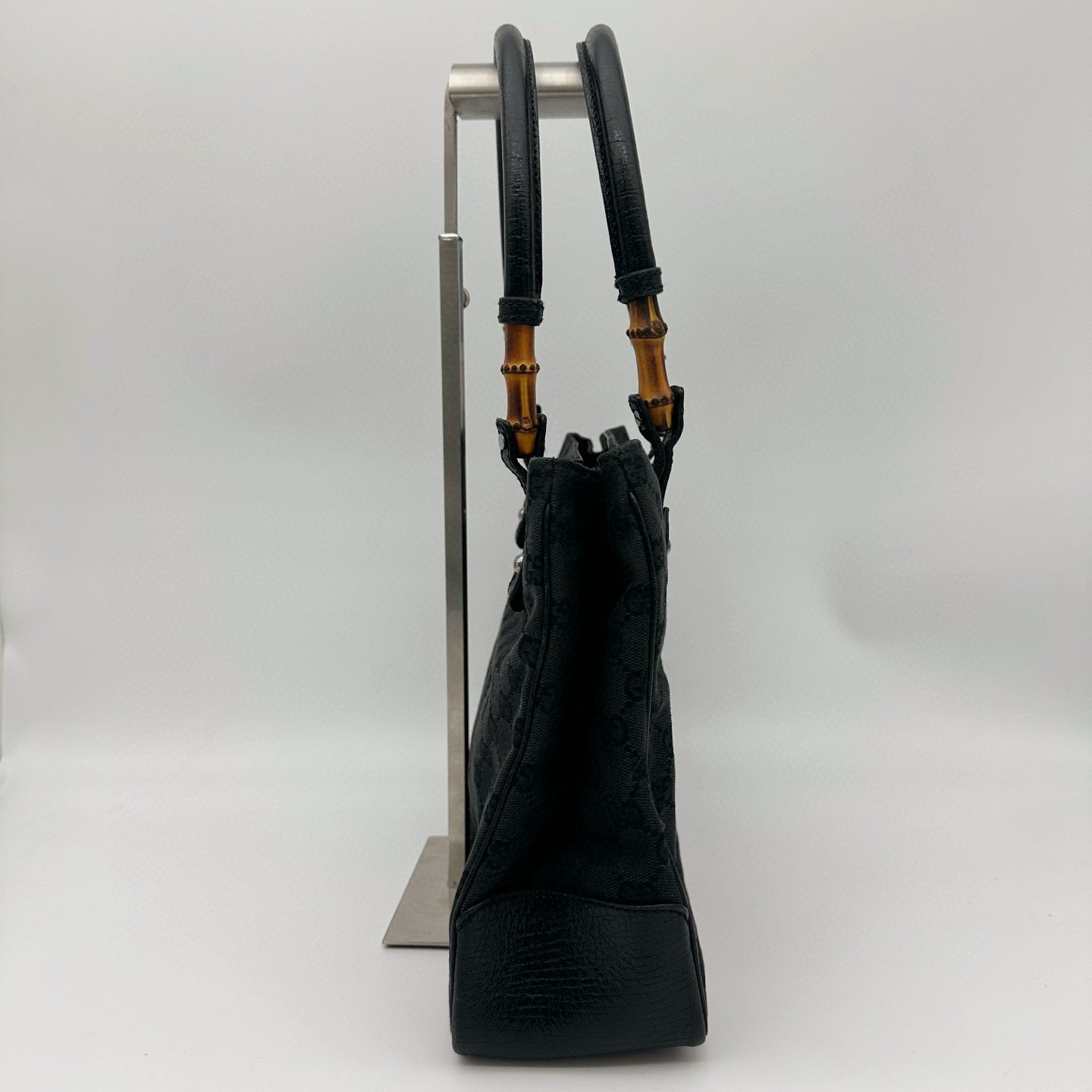 Gucci Black GG Canvas Bamboo Handle Tote Bag with Leather Trim [Used]