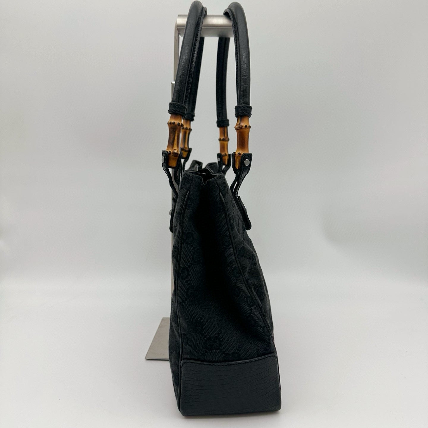 Gucci Black GG Canvas Bamboo Handle Tote Bag with Leather Trim [Used]