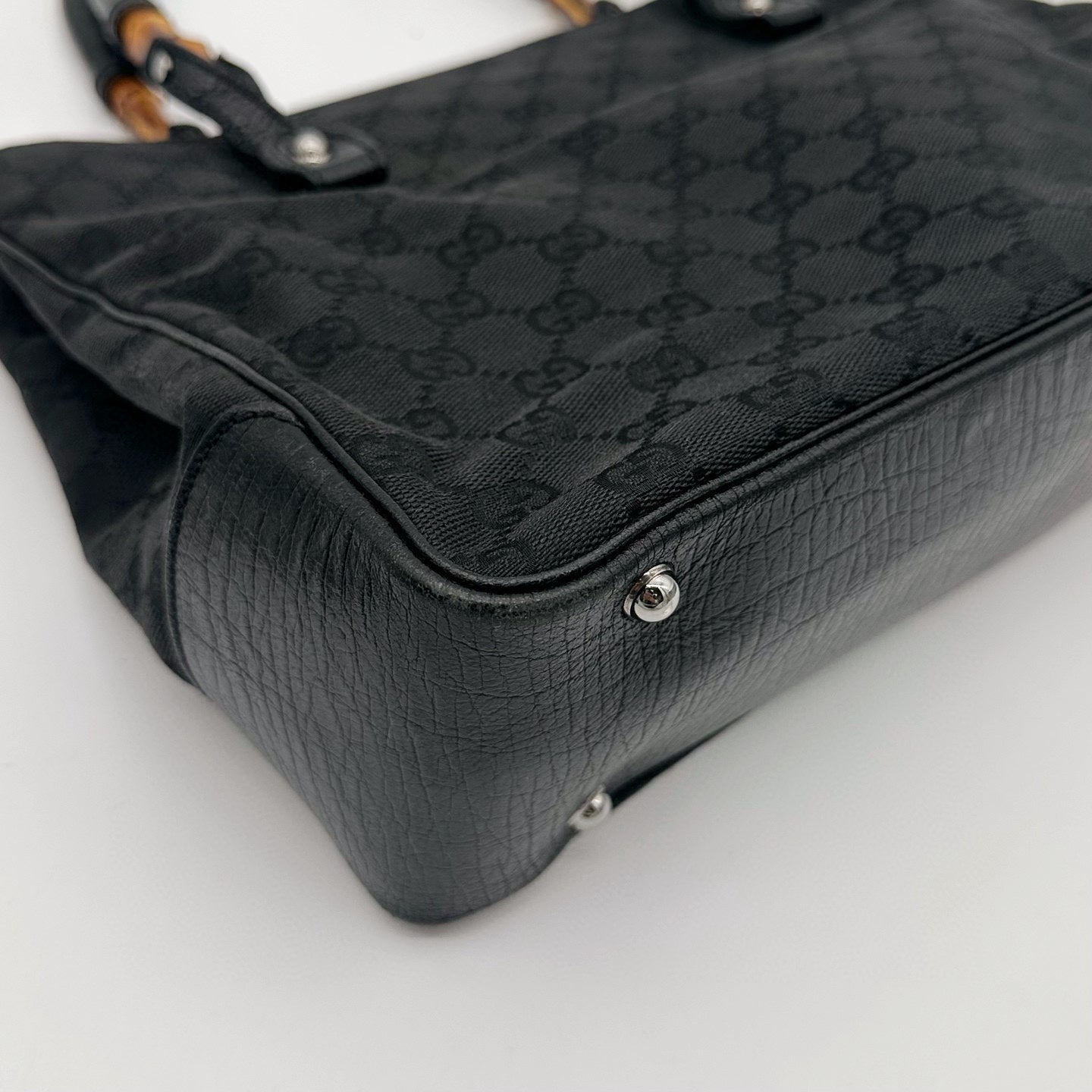 Gucci Black GG Canvas Bamboo Handle Tote Bag with Leather Trim [Used]