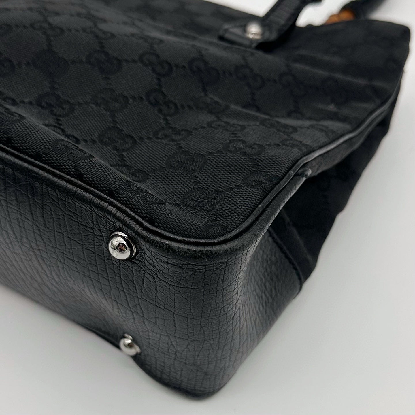 Gucci Black GG Canvas Bamboo Handle Tote Bag with Leather Trim [Used]