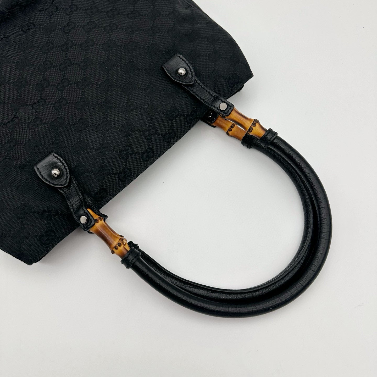 Gucci Black GG Canvas Bamboo Handle Tote Bag with Leather Trim [Used]