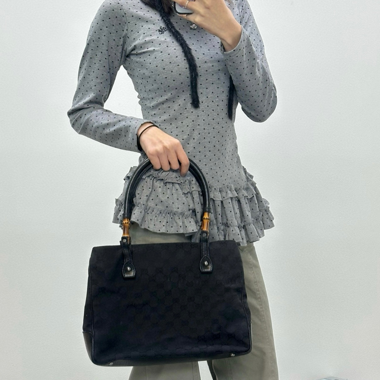 Gucci Black GG Canvas Bamboo Handle Tote Bag with Leather Trim [Used]