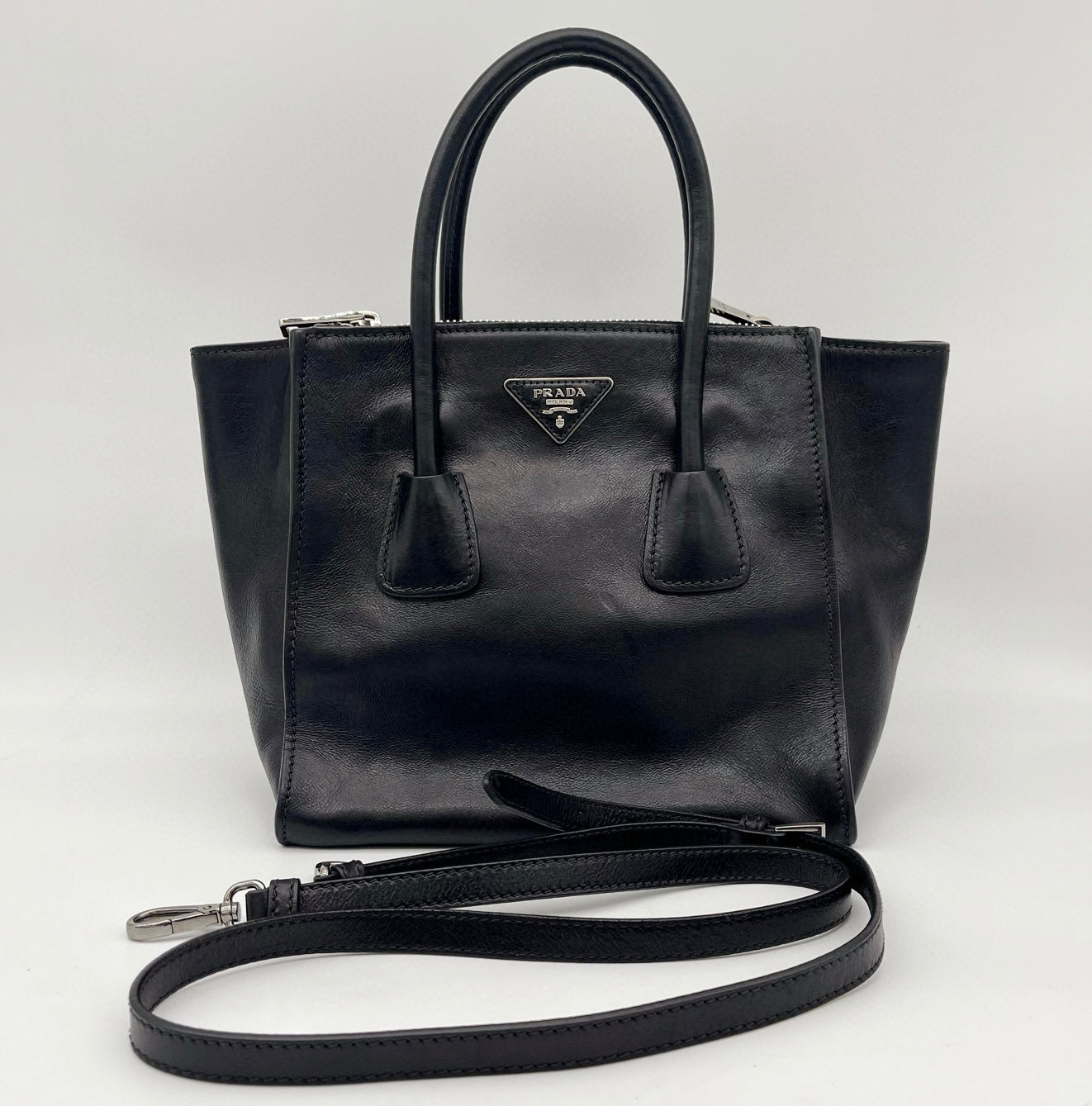 Prada Black Glace Calf Leather 2Way Tote Bag with Shoulder Strap [Used]