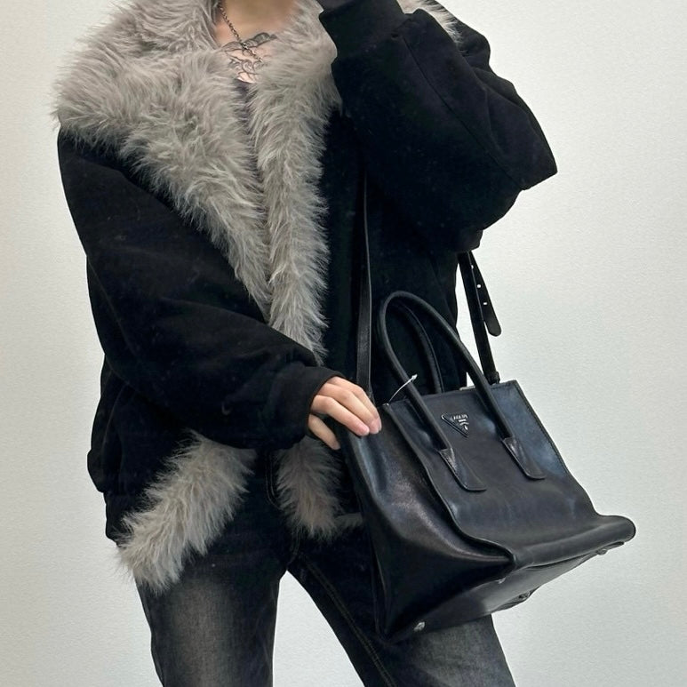 Prada Black Glace Calf Leather 2Way Tote Bag with Shoulder Strap [Used]