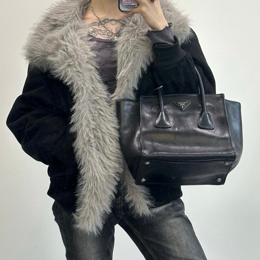 Prada Black Glace Calf Leather 2Way Tote Bag with Shoulder Strap [Used]