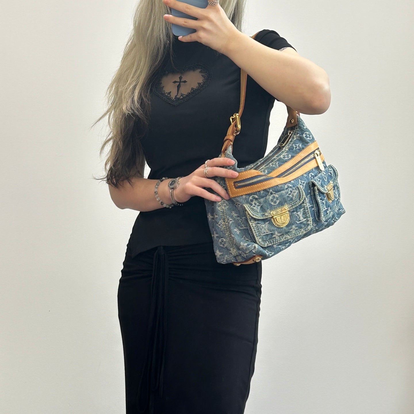 Louis Vuitton Blue Denim Manhattan Shoulder Bag [Used]