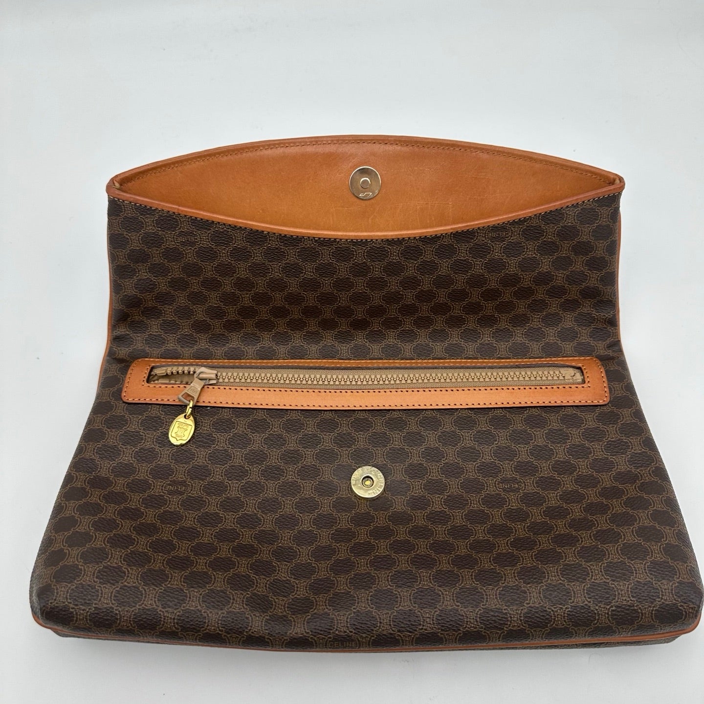 Celine Brown Macadam Monogram Leather Flap Clutch Bag [Used]