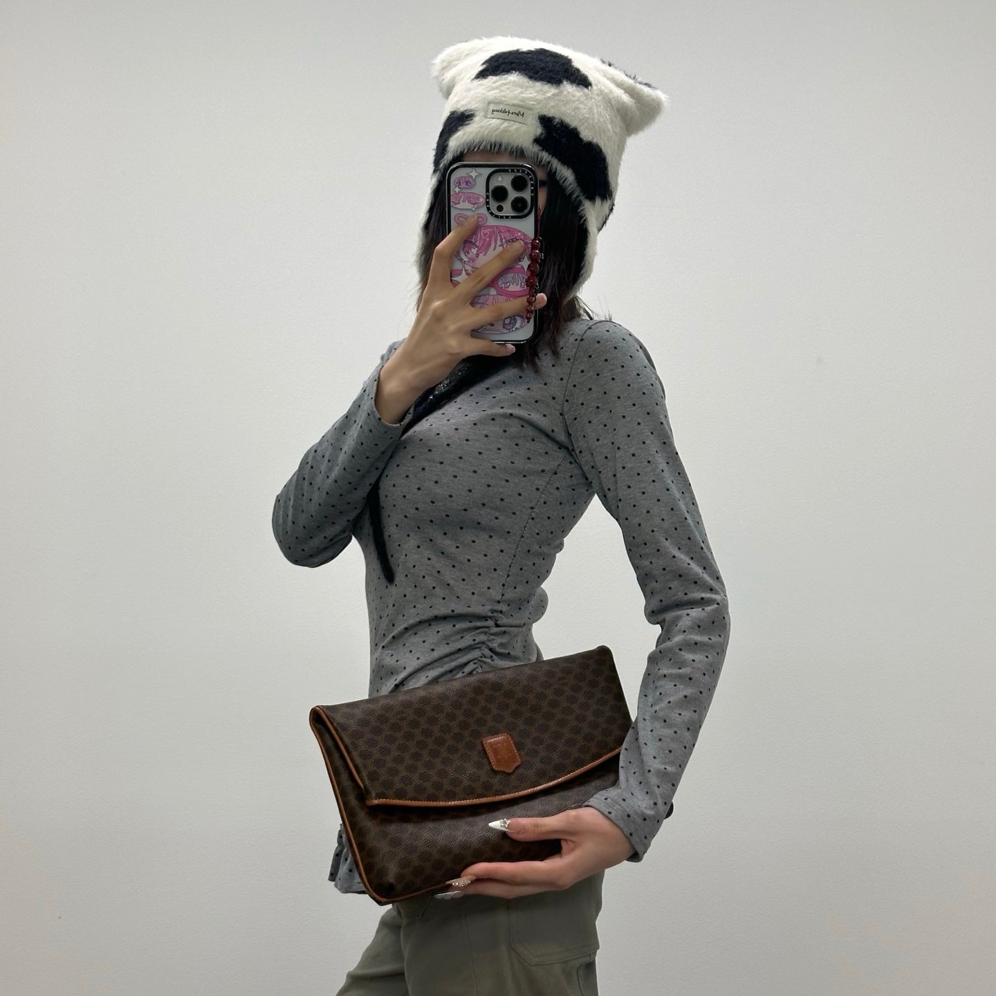 Celine Brown Macadam Monogram Leather Flap Clutch Bag [Used]