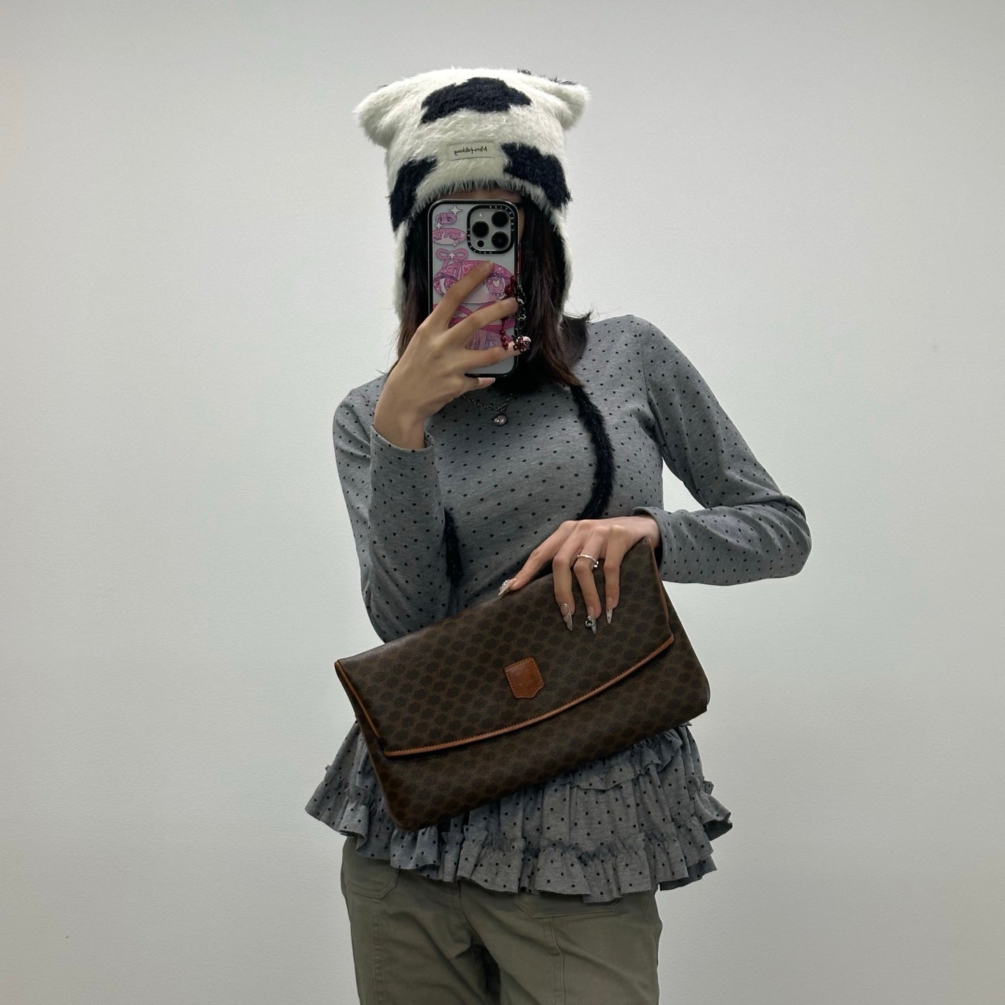 Celine Brown Macadam Monogram Leather Flap Clutch Bag [Used]