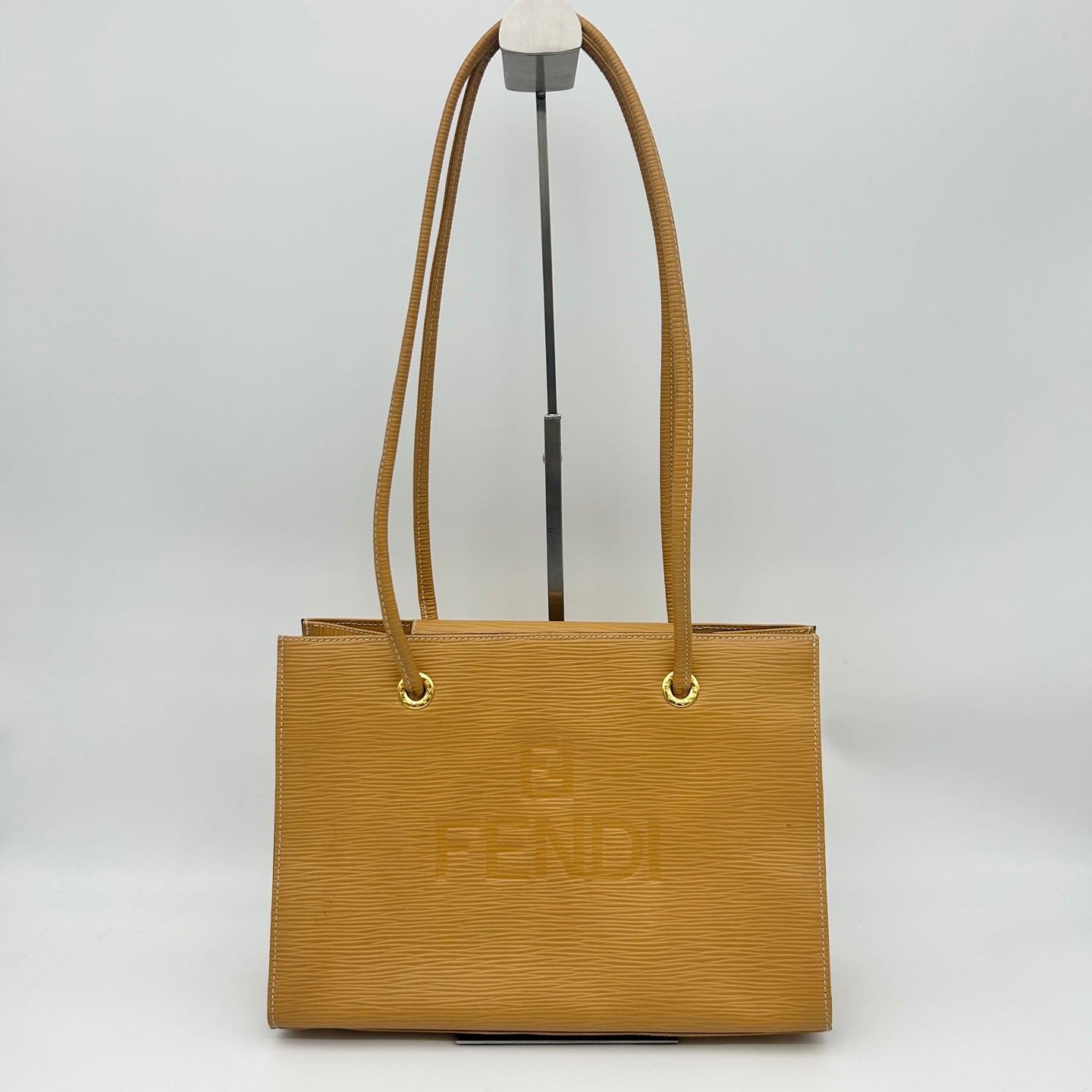 Fendi Yellow Embossed Leather Shoulder Tote Bag [Used]