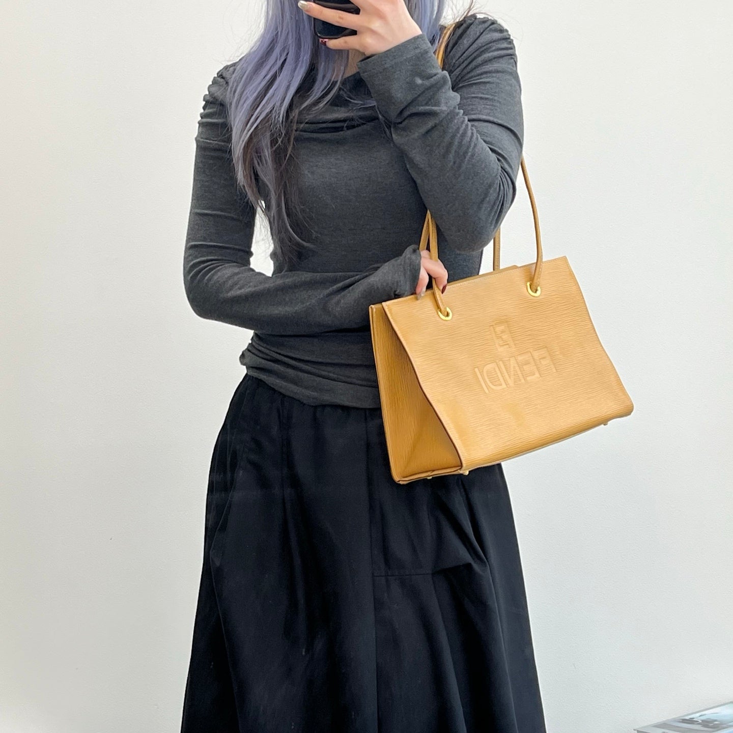 Fendi Yellow Embossed Leather Shoulder Tote Bag [Used]