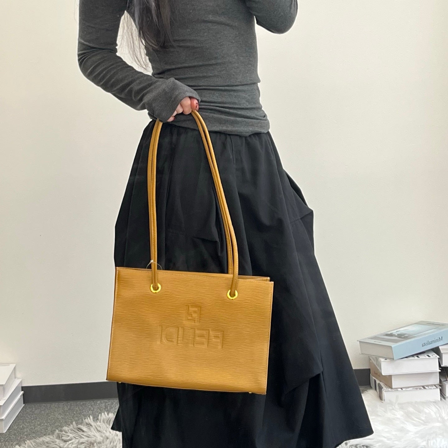 Fendi Yellow Embossed Leather Shoulder Tote Bag [Used]