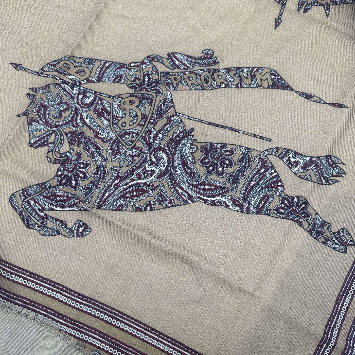Burberrys Brown Equestrian Print Oversized Wool Shawl Scarf [Used]