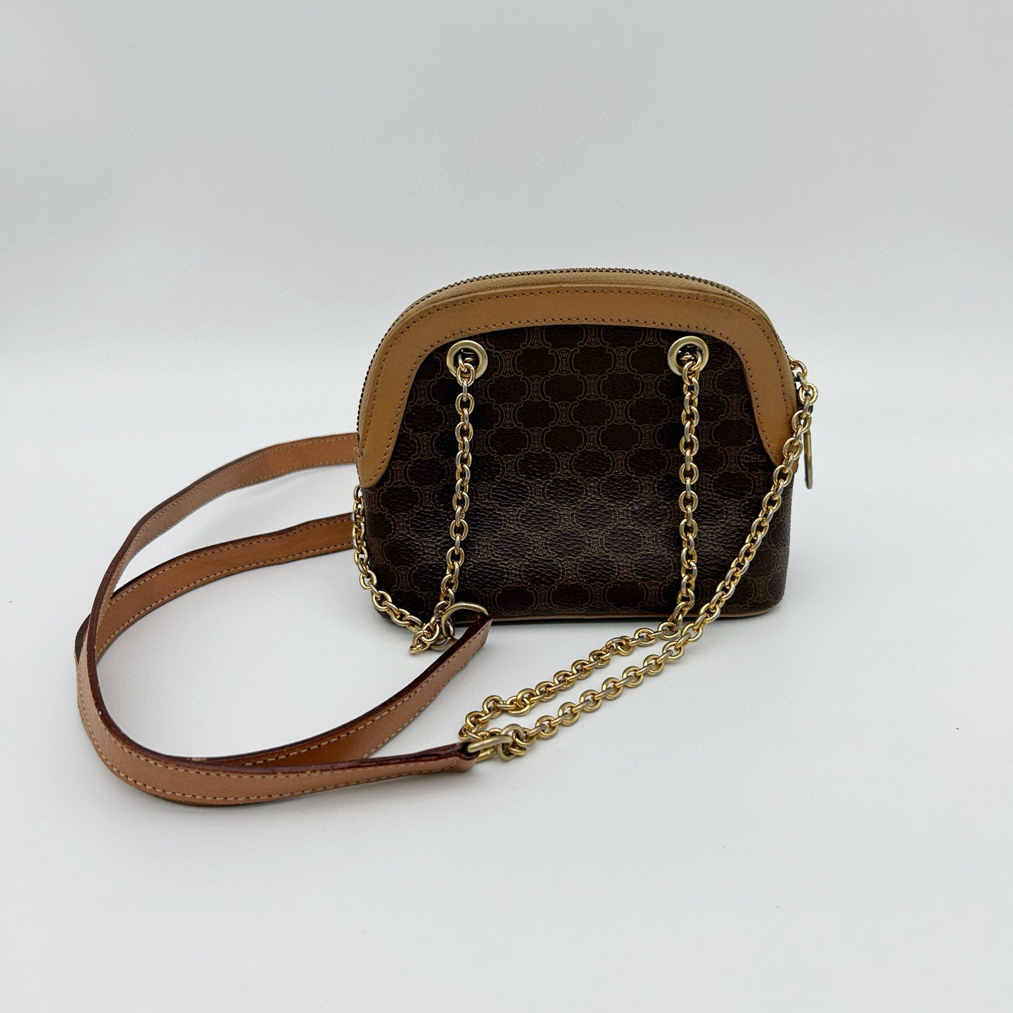 Celine Authentic Macadam Brown Leather Chain Mini Shell Bag