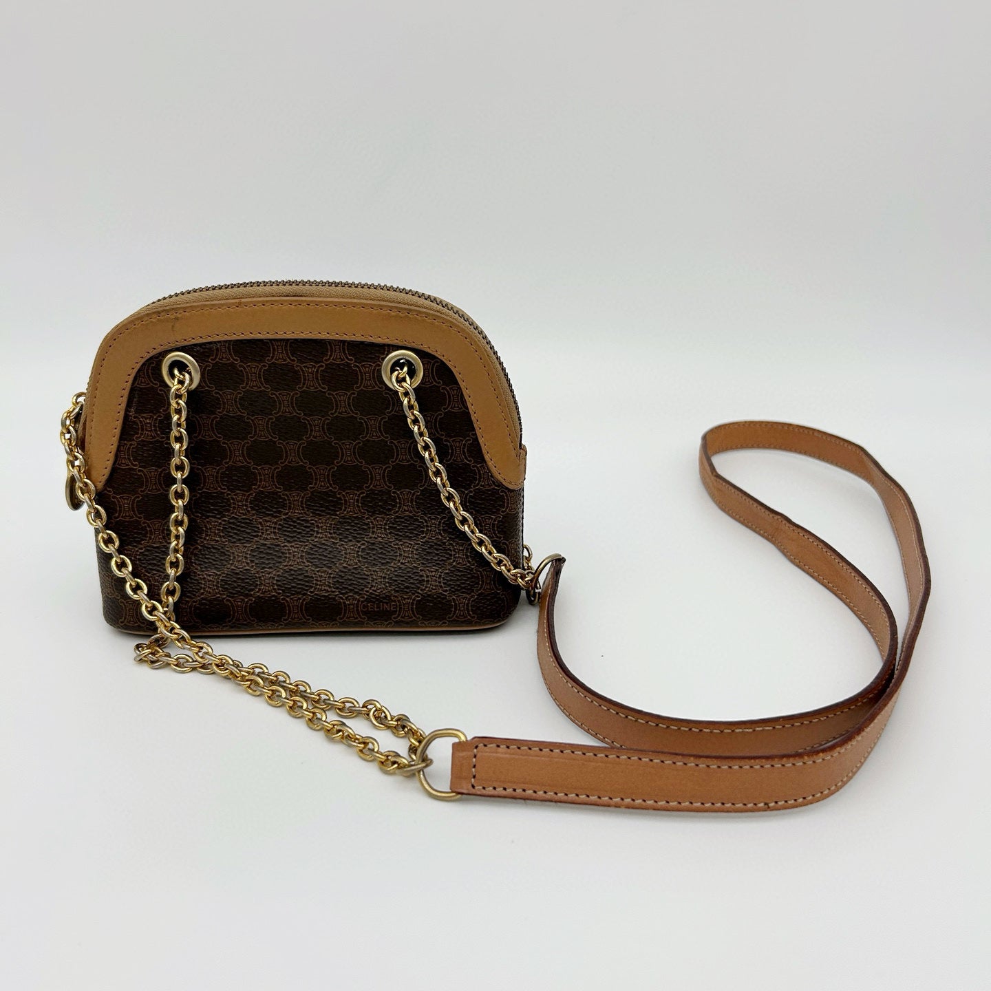 Celine Authentic Macadam Brown Leather Chain Mini Shell Bag