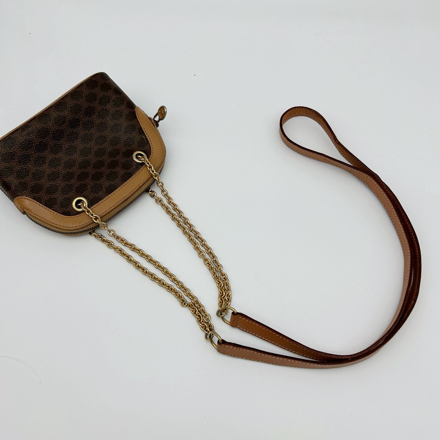 Celine Authentic Macadam Brown Leather Chain Mini Shell Bag