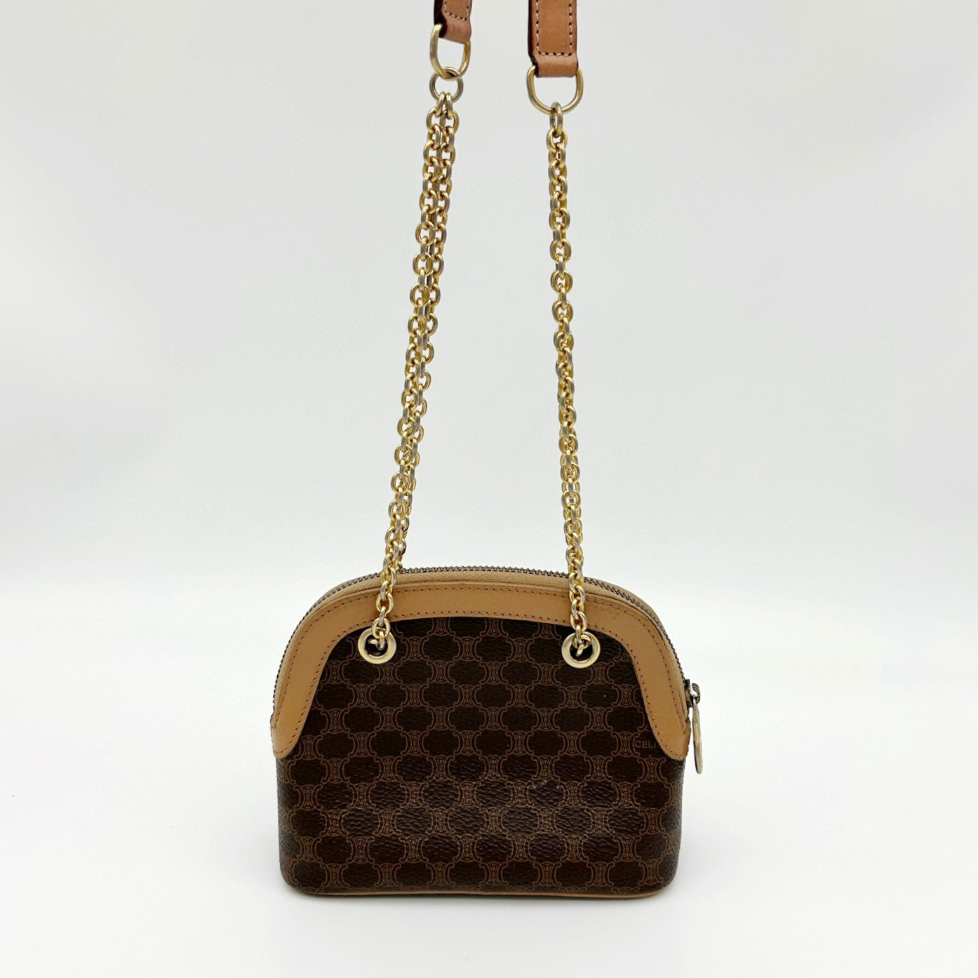 Celine Authentic Macadam Brown Leather Chain Mini Shell Bag