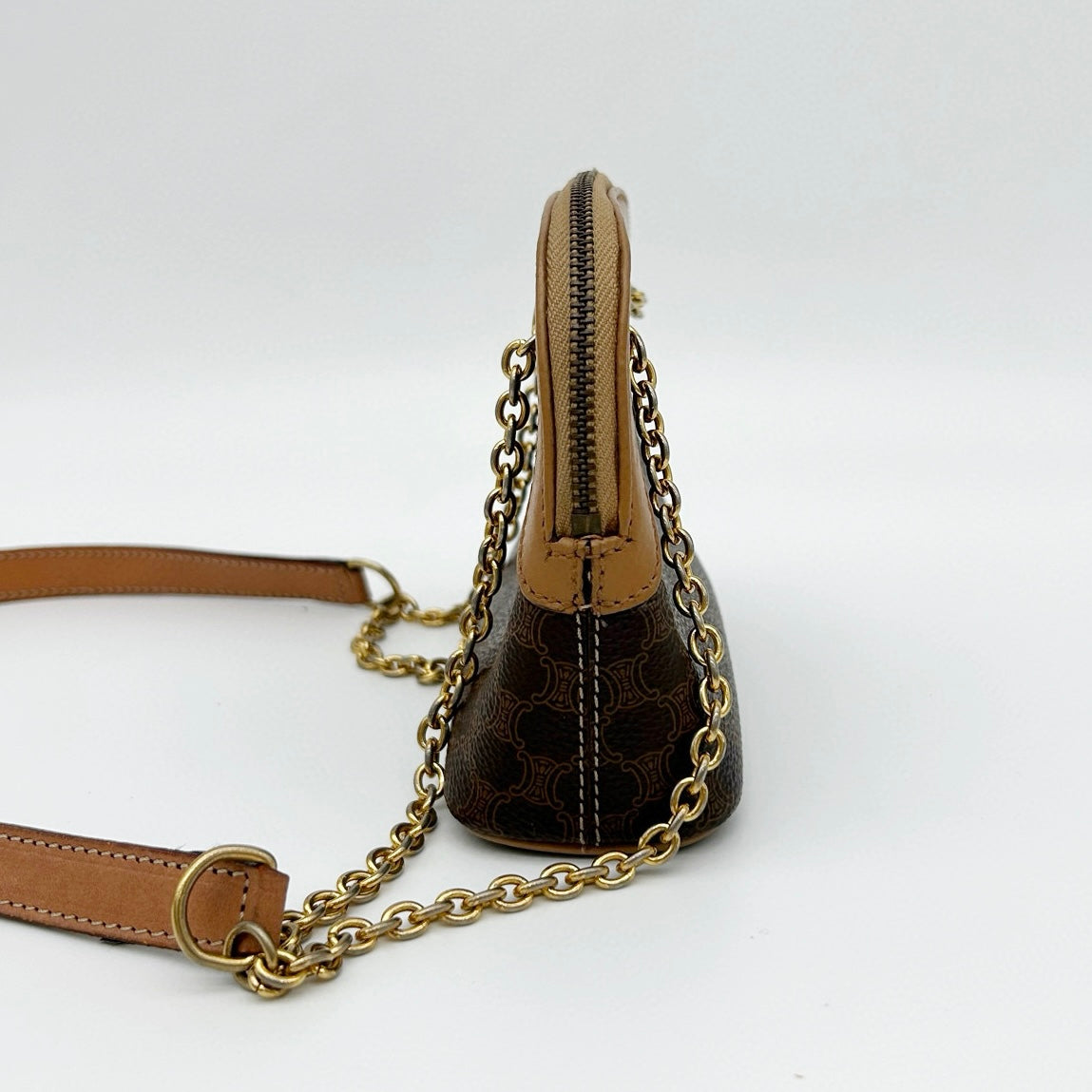 Celine Authentic Macadam Brown Leather Chain Mini Shell Bag