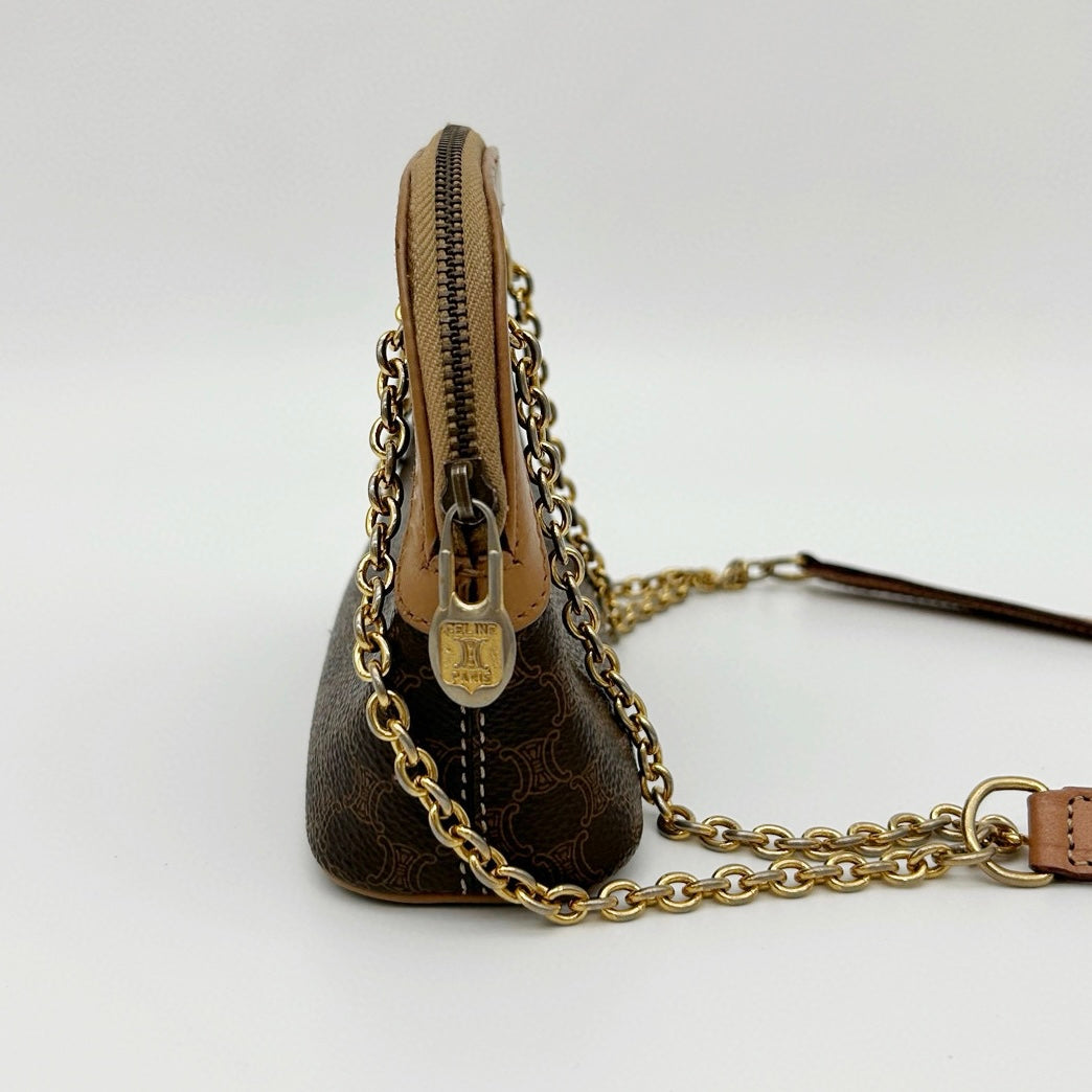 Celine Authentic Macadam Brown Leather Chain Mini Shell Bag