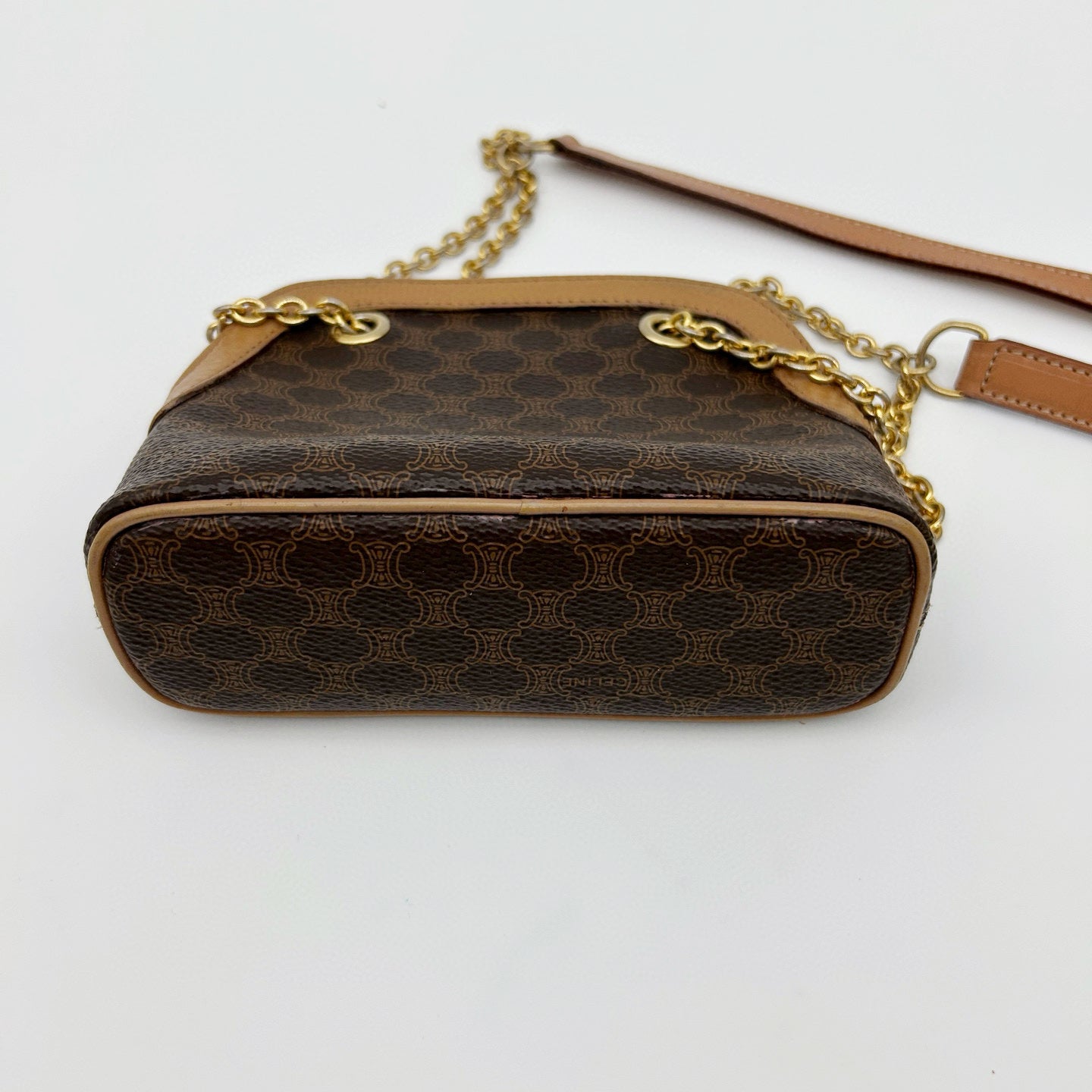 Celine Authentic Macadam Brown Leather Chain Mini Shell Bag