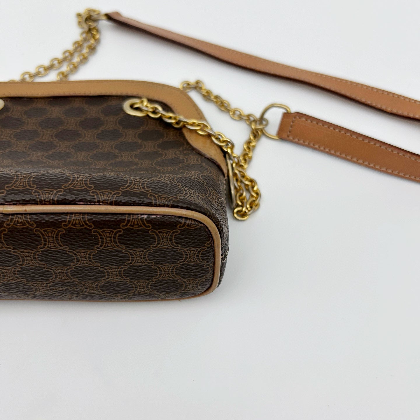 Celine Authentic Macadam Brown Leather Chain Mini Shell Bag