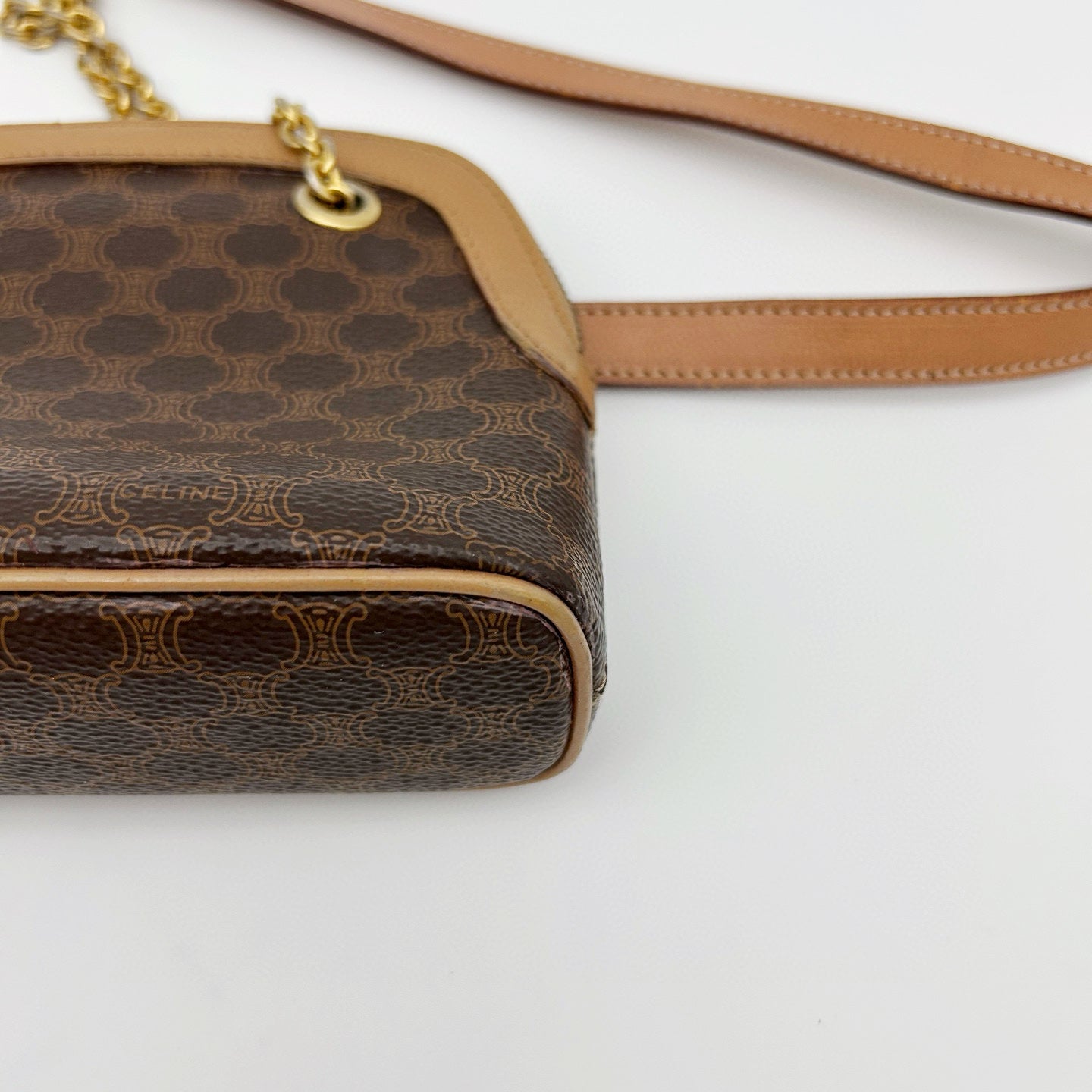 Celine Authentic Macadam Brown Leather Chain Mini Shell Bag