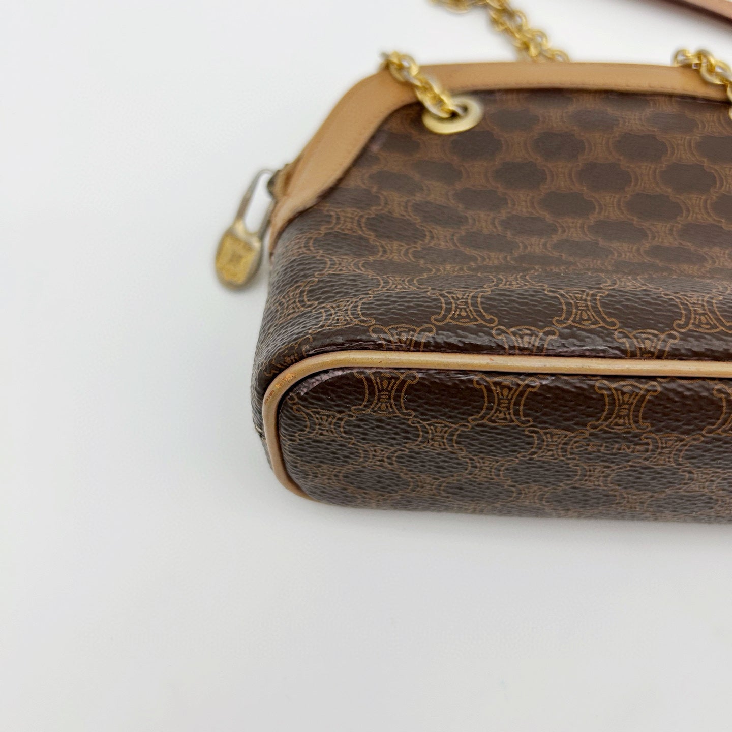 Celine Authentic Macadam Brown Leather Chain Mini Shell Bag