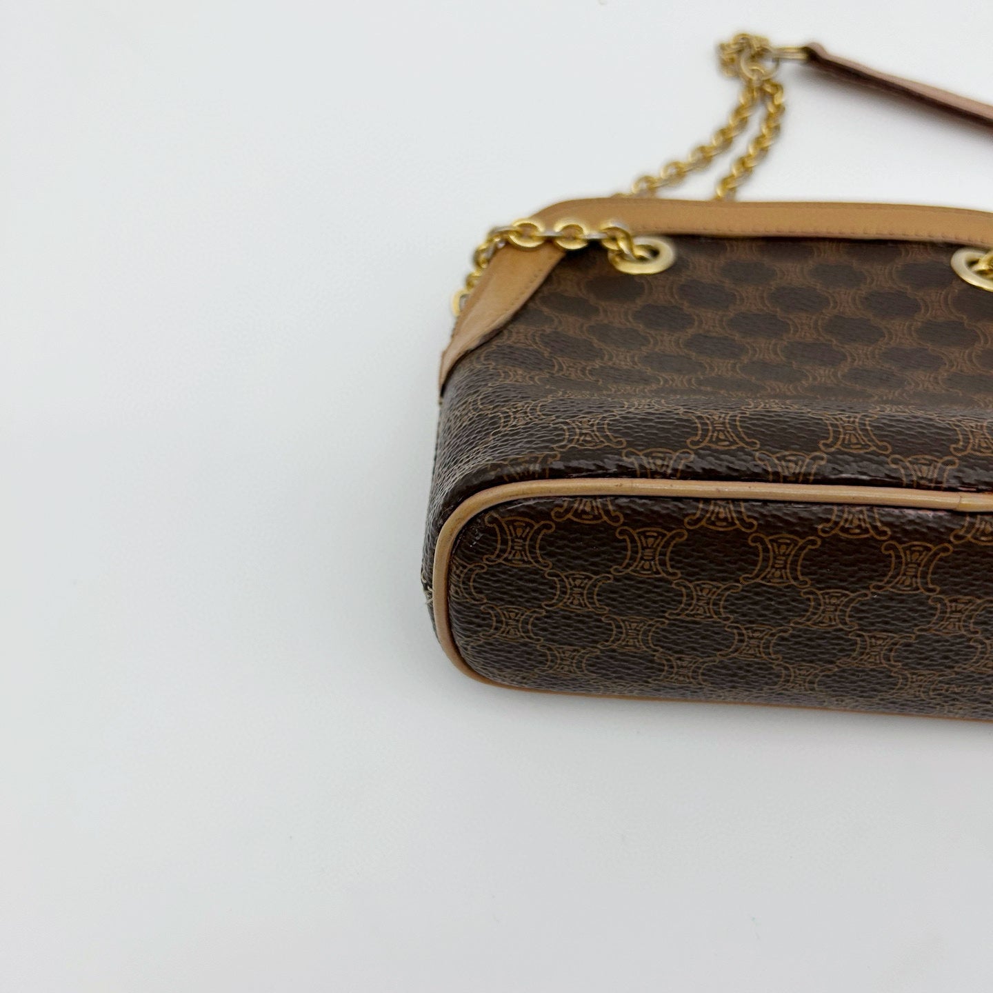 Celine Authentic Macadam Brown Leather Chain Mini Shell Bag