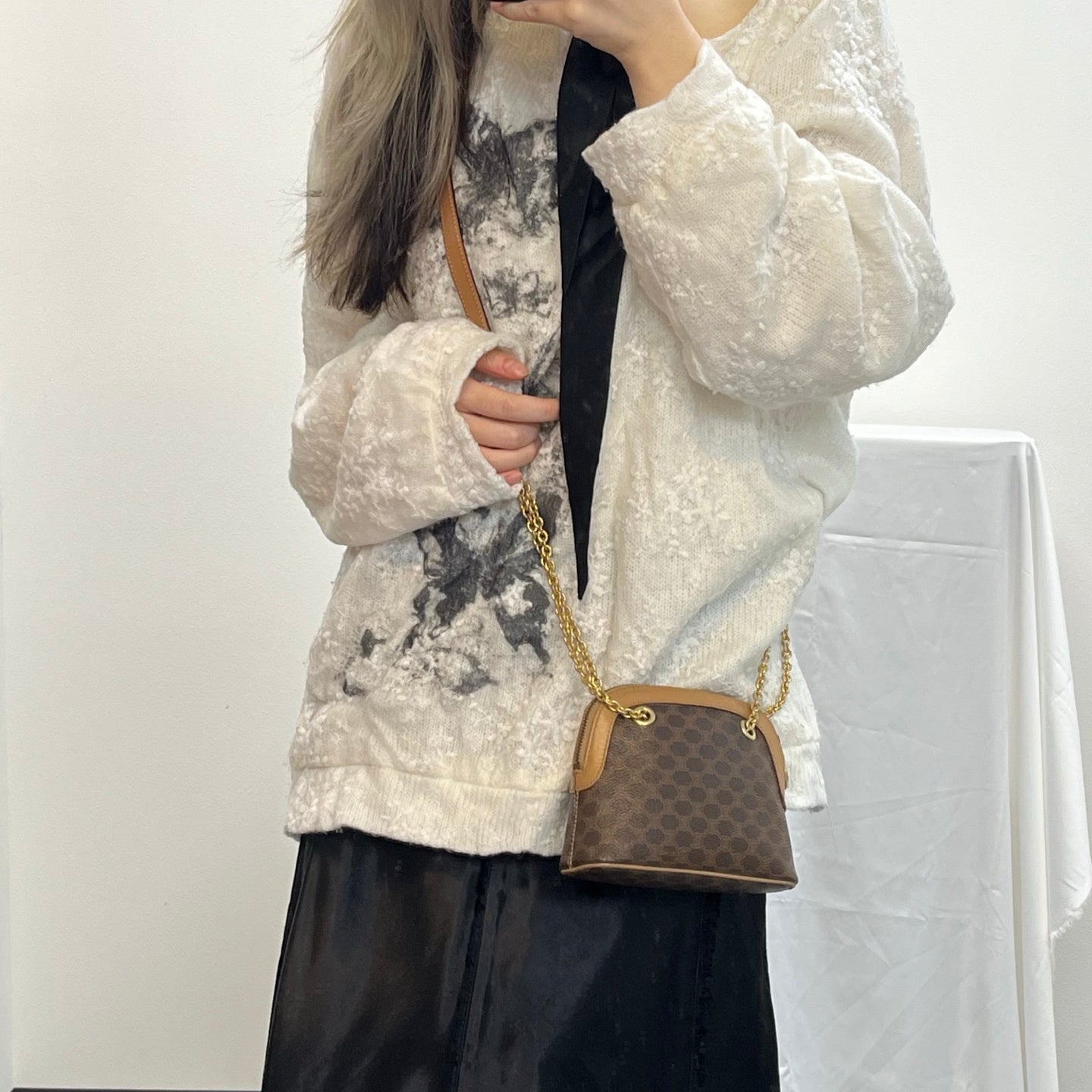 Celine Authentic Macadam Brown Leather Chain Mini Shell Bag