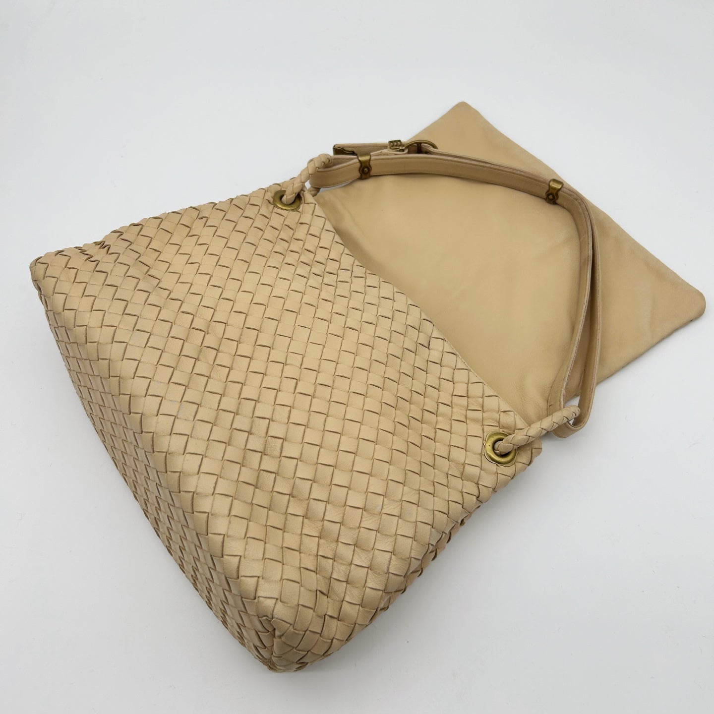 Bottega Veneta Beige Intrecciato Nappa Leather Flap Shoulder Bag [Used]