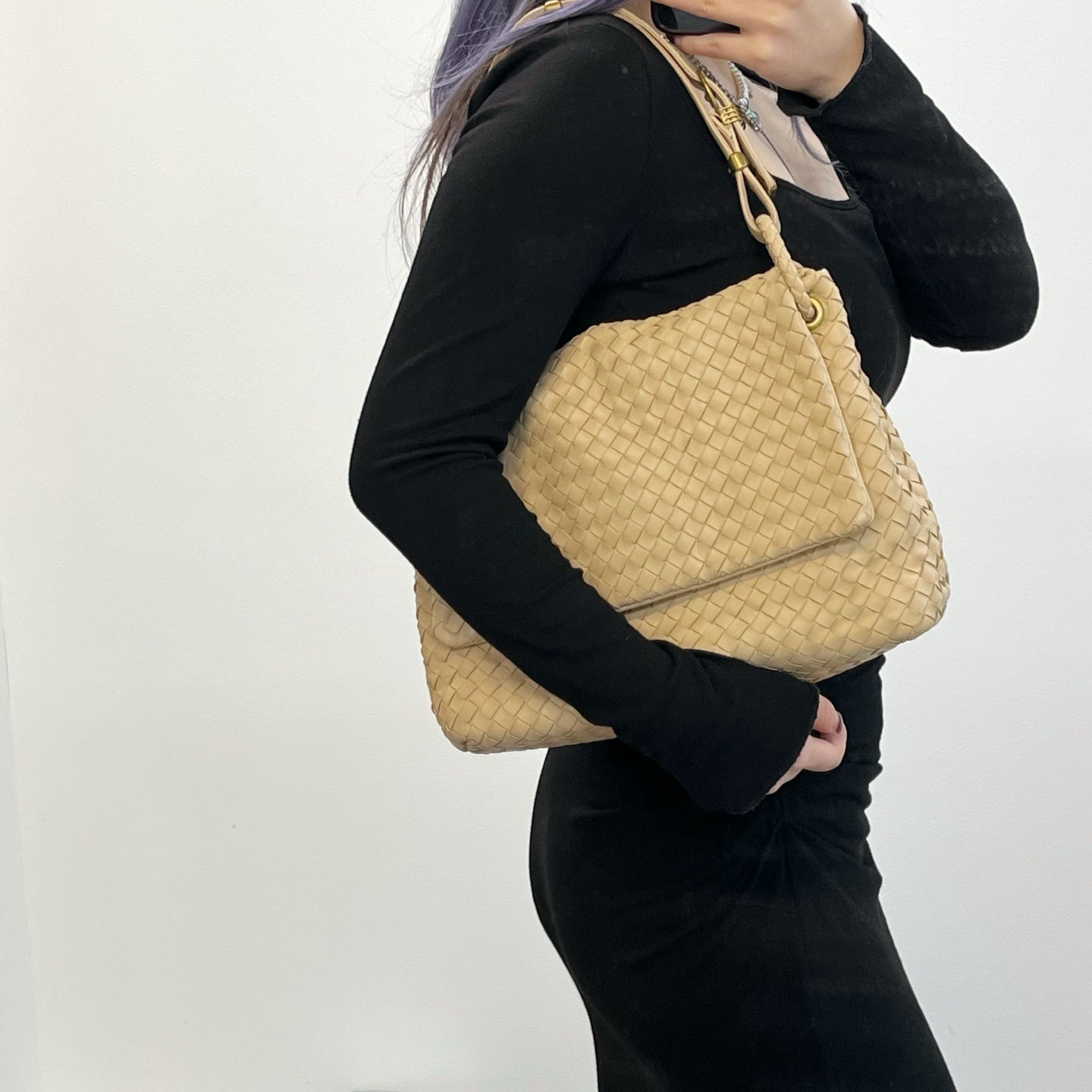 Bottega Veneta Beige Intrecciato Nappa Leather Flap Shoulder Bag [Used]