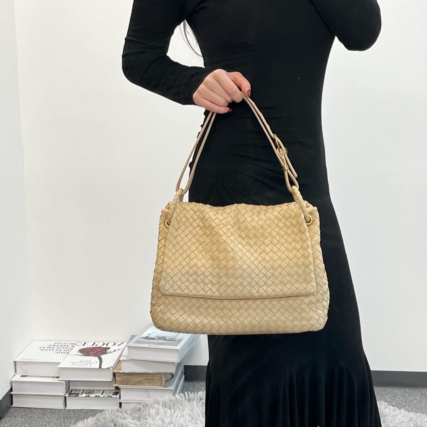 Bottega Veneta Beige Intrecciato Nappa Leather Flap Shoulder Bag [Used]
