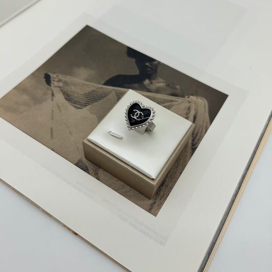 Chanel Black Heart Ring with Silver Trim [Used]