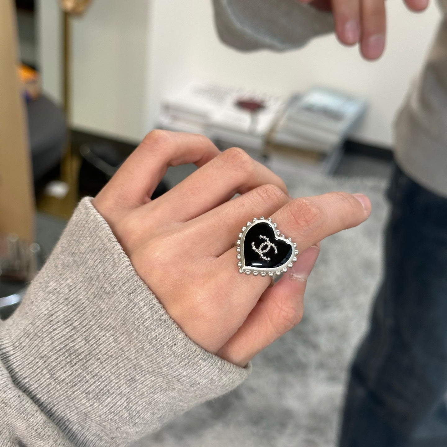 Chanel Black Heart Ring with Silver Trim [Used]