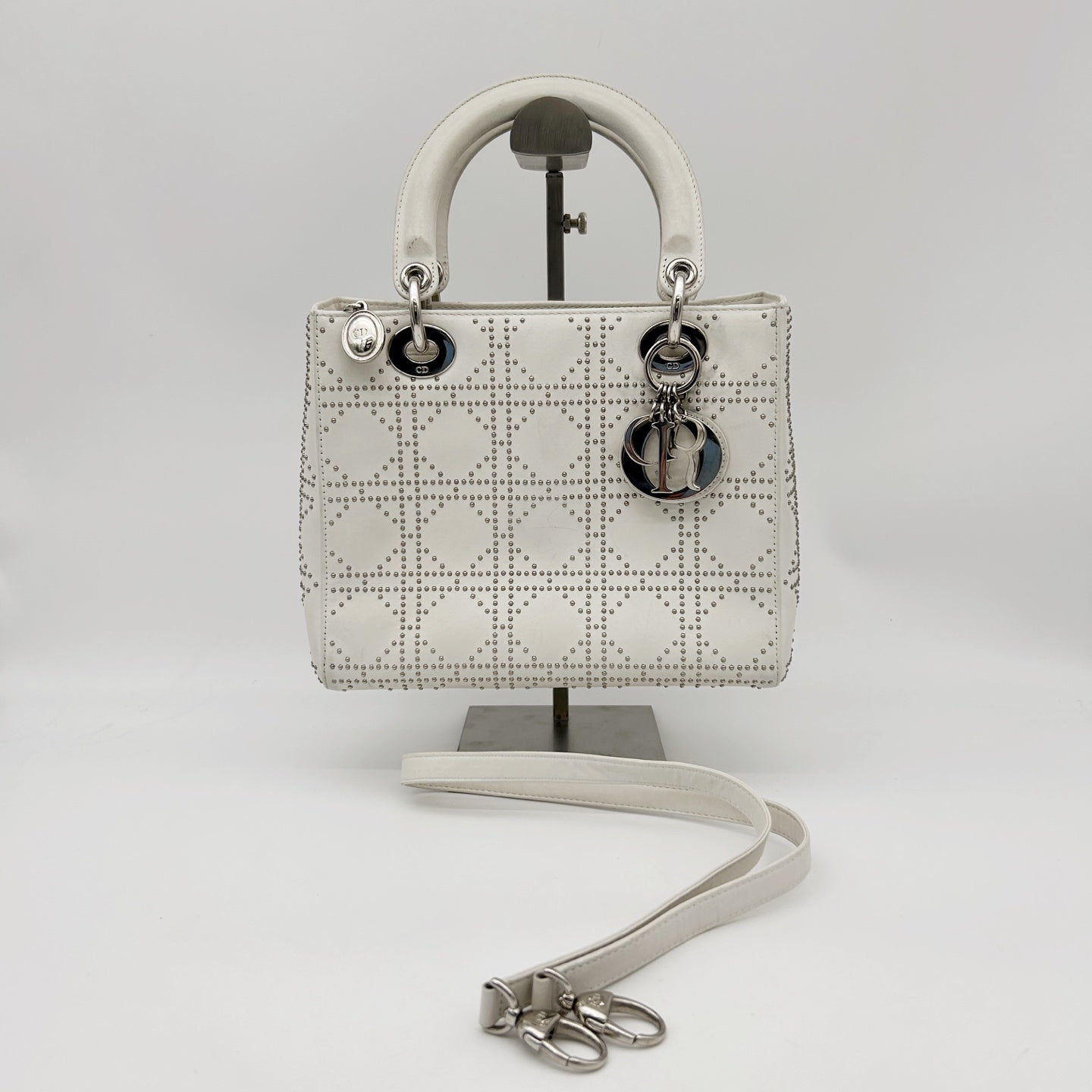 Christian Dior White Cannage Studded Leather Lady Dior Bag [Used]