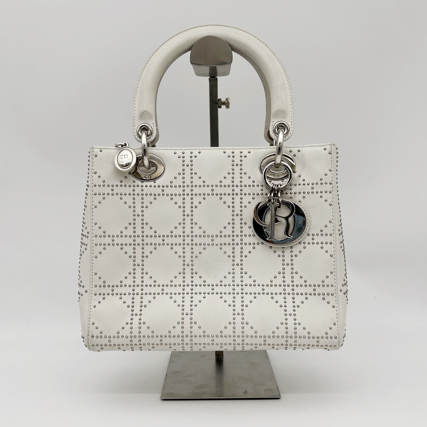 Christian Dior White Cannage Studded Leather Lady Dior Bag [Used]