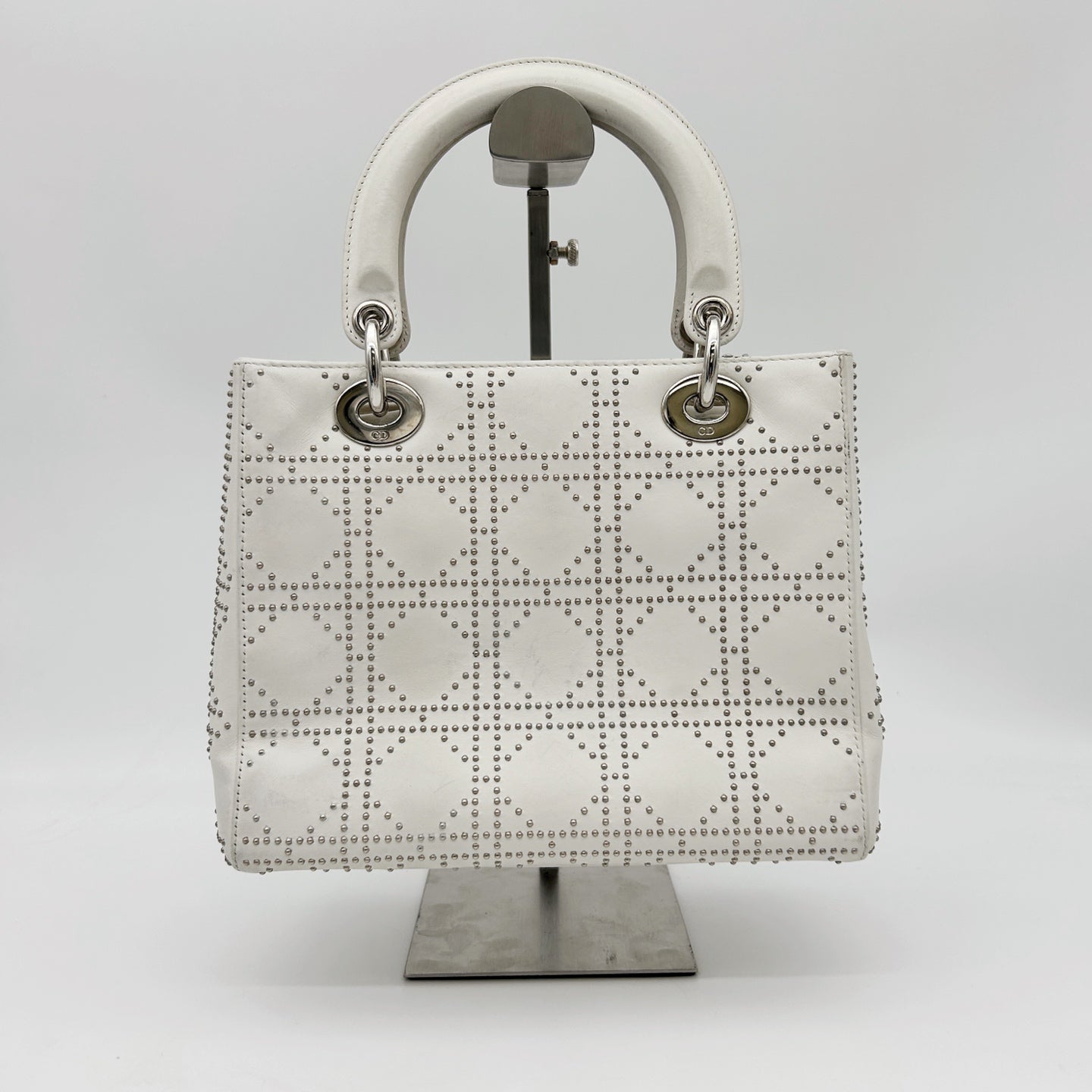 Christian Dior White Cannage Studded Leather Lady Dior Bag [Used]