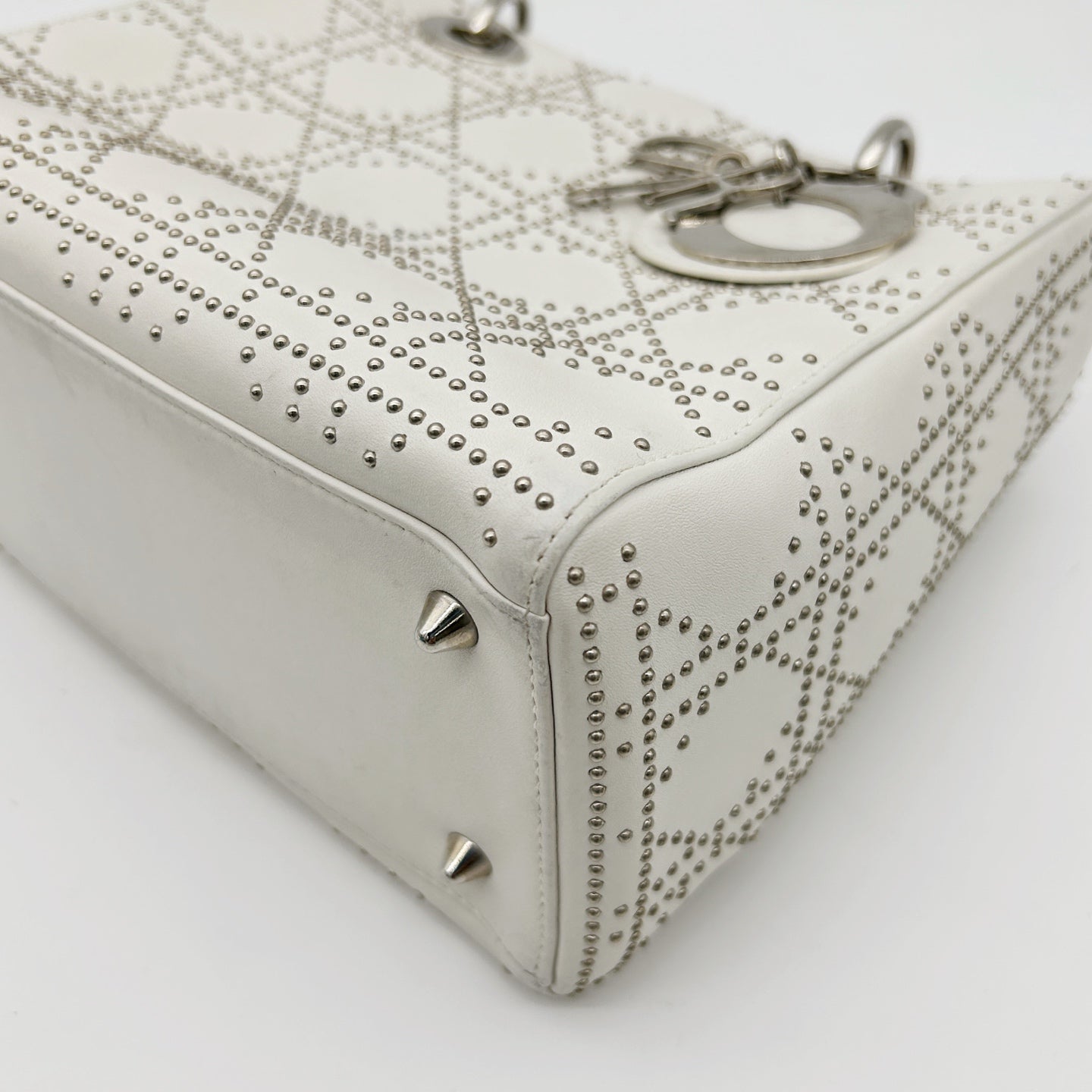 Christian Dior White Cannage Studded Leather Lady Dior Bag [Used]