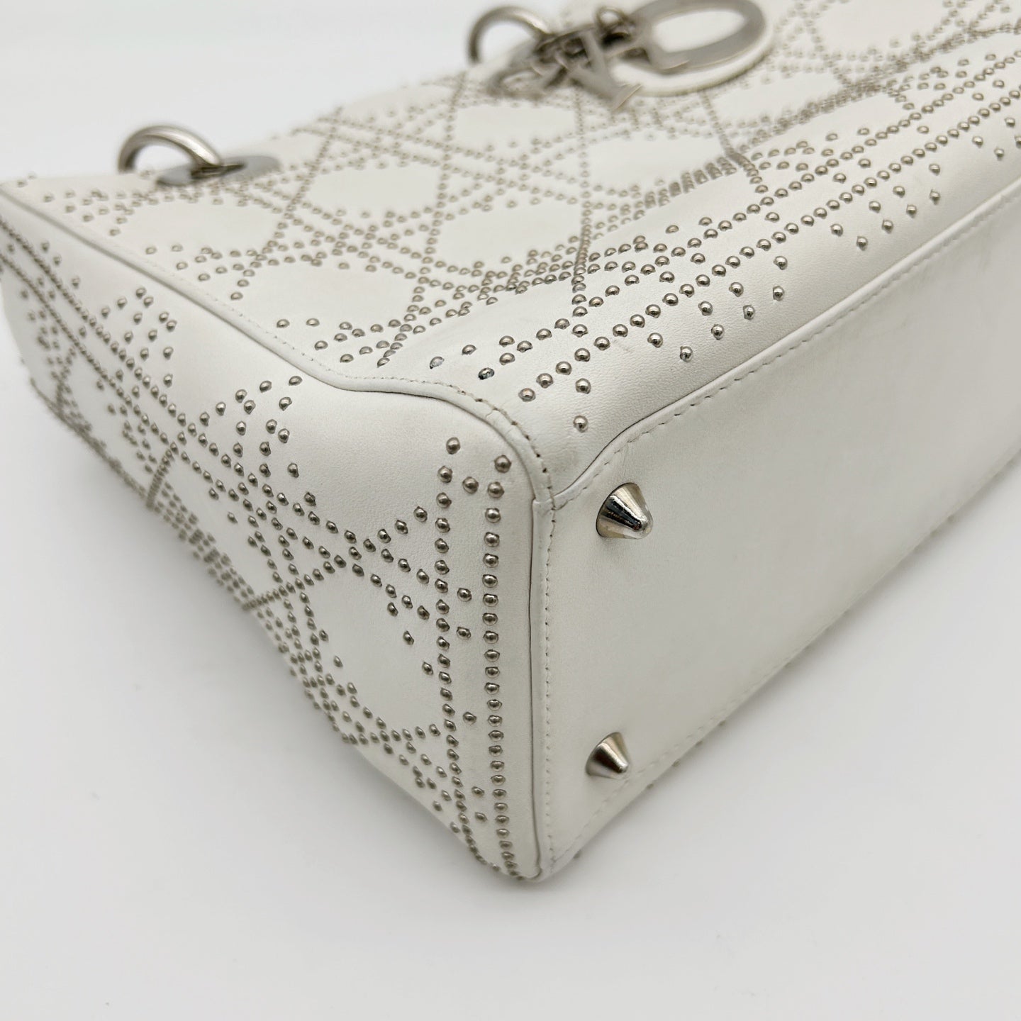 Christian Dior White Cannage Studded Leather Lady Dior Bag [Used]