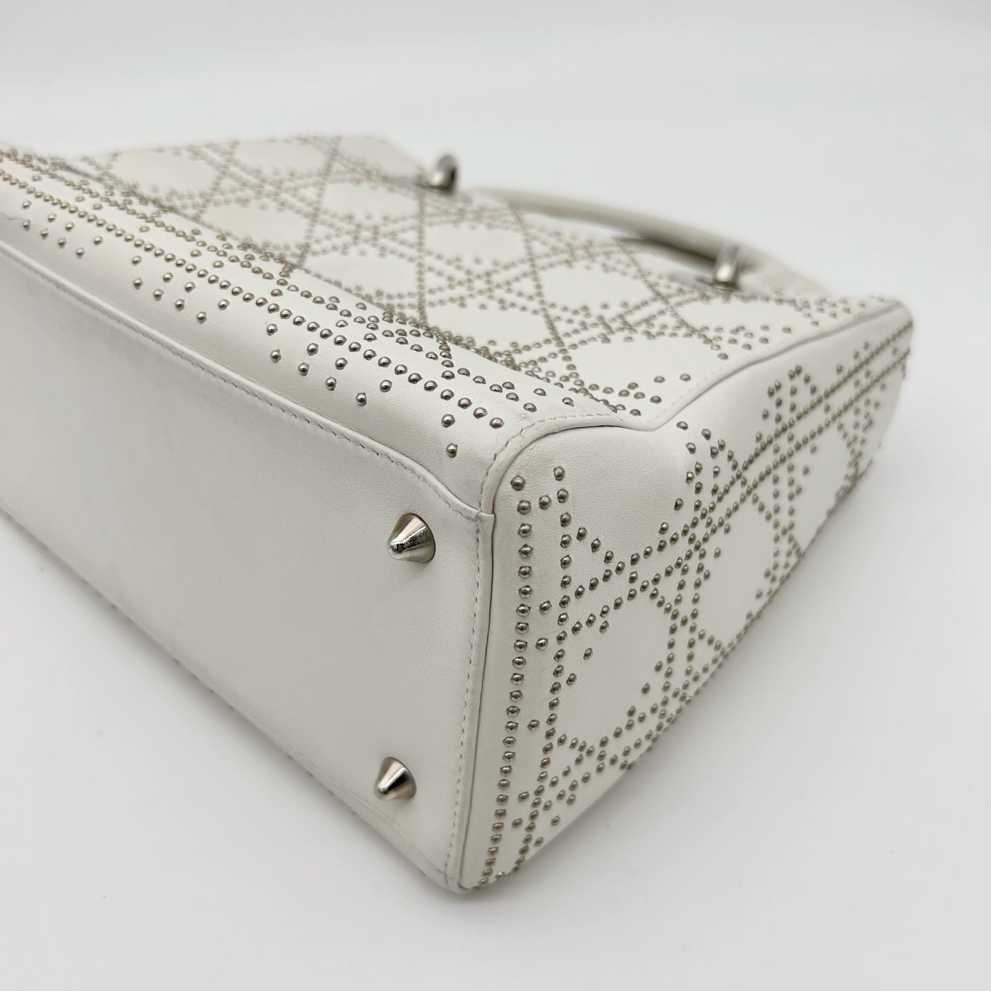 Christian Dior White Cannage Studded Leather Lady Dior Bag [Used]