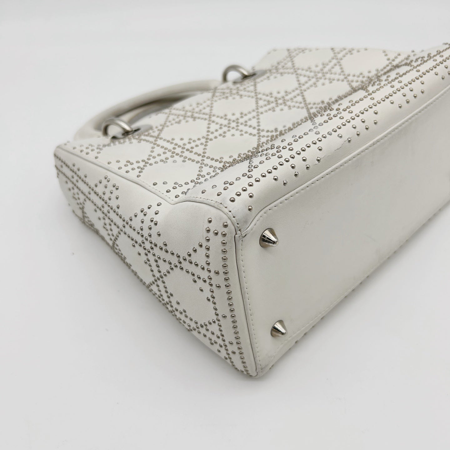 Christian Dior White Cannage Studded Leather Lady Dior Bag [Used]