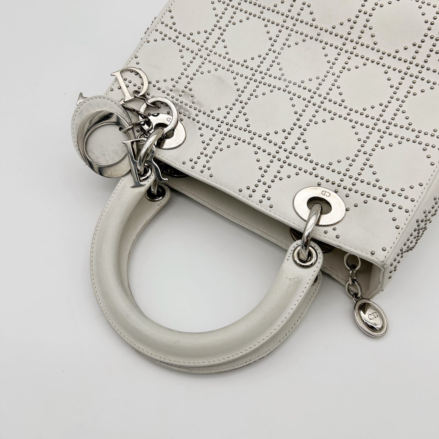 Christian Dior White Cannage Studded Leather Lady Dior Bag [Used]