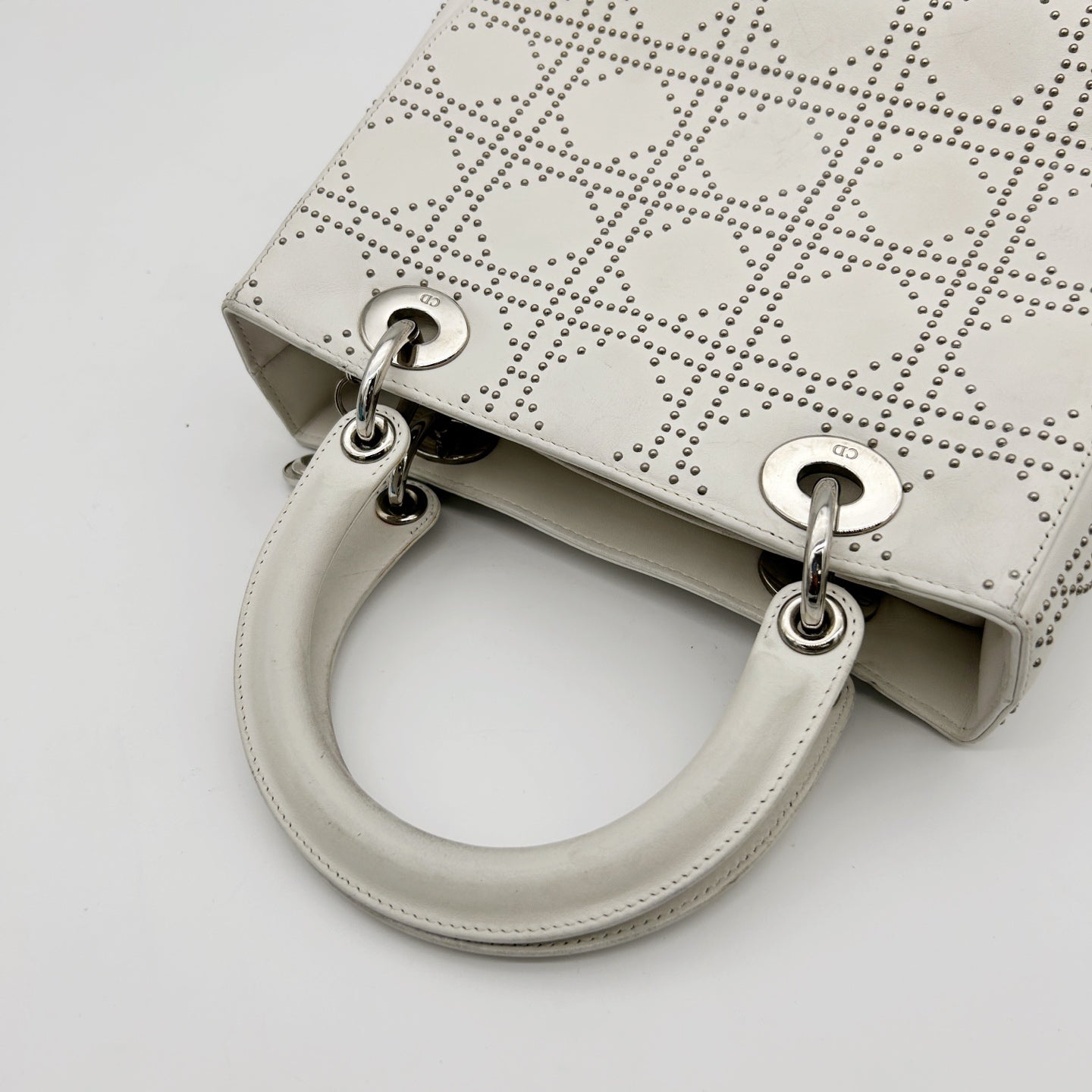 Christian Dior White Cannage Studded Leather Lady Dior Bag [Used]