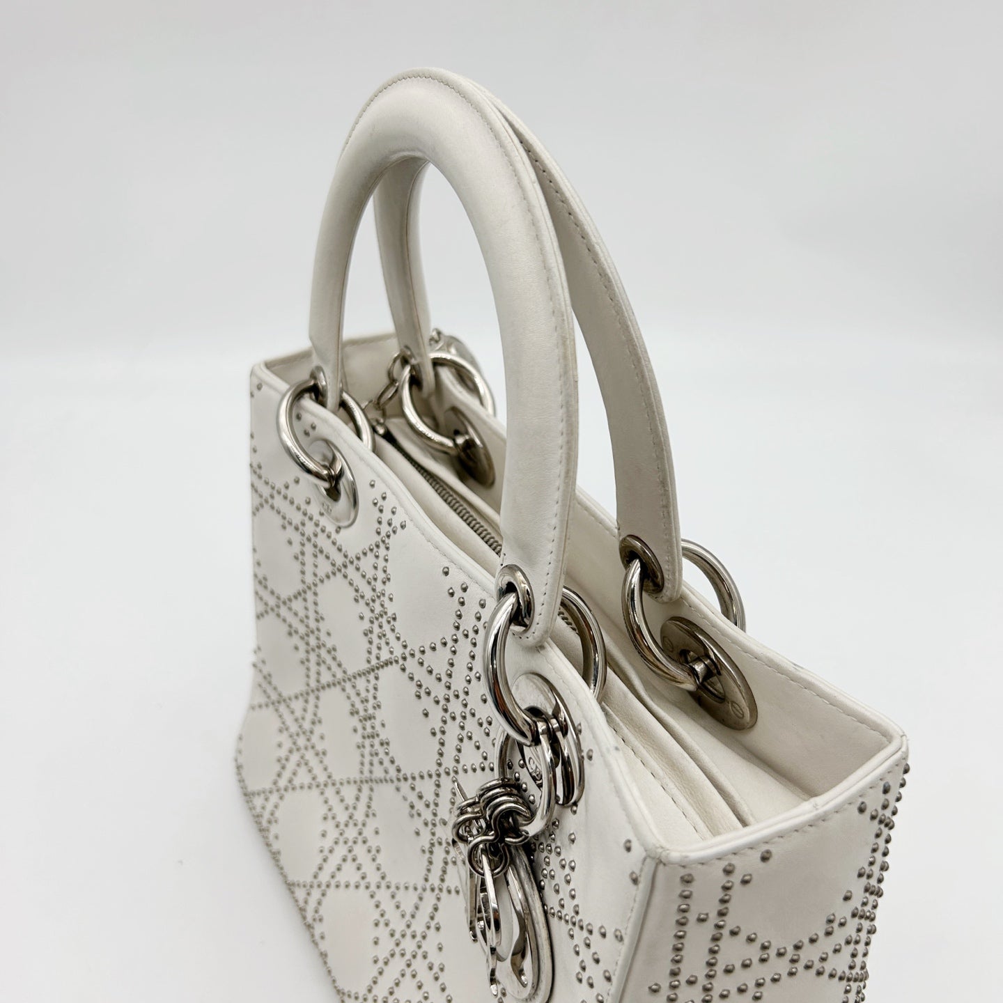 Christian Dior White Cannage Studded Leather Lady Dior Bag [Used]