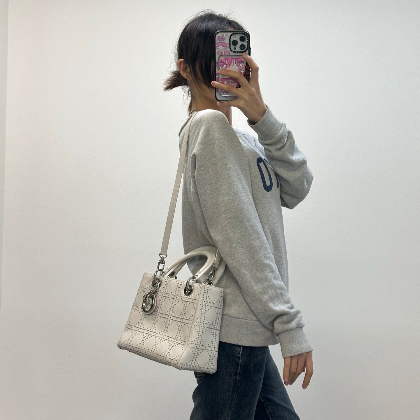 Christian Dior White Cannage Studded Leather Lady Dior Bag [Used]